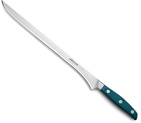 Arcos Cuchillo trinchar forjado | Cuchillo jamonero Acero Inoxidable. Cuchillo cocina profesional cocinar. Mango micarta y borseda especial y Hoja plateada 300 mm. Serie Brooklyn. Color azul.