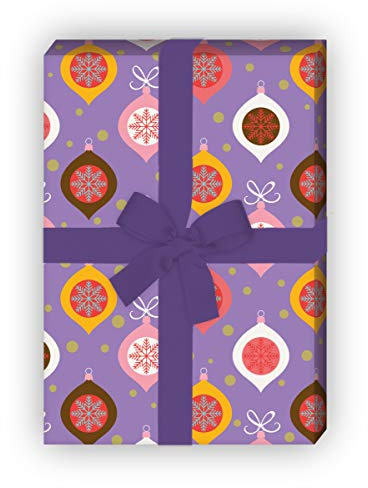Retro Vintage Weihnachtspapier lila im 70er Jahre Stil mit Weihnachtsschmuck als liebevolle Geschenkverpackung um schön zu schenken, 32 x 48cm zu Weihnachten