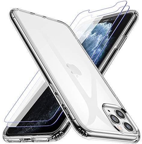 Losvick Case Compatible with iPhone 11 Pro with 2x Tempered Glass Screen Protector, Clear Shockproof Silicone Slim Soft TPU Bumper Protection Cover Case for iPhone 11 Pro - 5.8 inch- Transparent