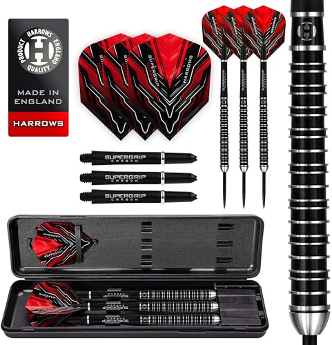 Harrows SUPERGRIP Ultra Darts-Set mit 90% Wolframstahlspitze. Erhältlich in 21 g, 22 g, 23 g, 24 g, 25 g, 26 g, 28 g und 30 g – inklusive Supergrip-Carbonschäfte, Supergrip-Flights (28g)