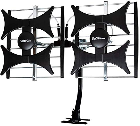 Five Star Antenne multidirectionnelle 4 V HDTV amplifiée – Portée jusqu'à 322 km, UHF/VHF, intérieur, grenier, extérieur, 4K Ready 1080p FM avec câble coaxial RG6 de 12,2 m, poteau de montage