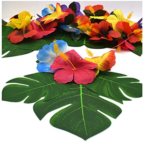Decorazione per Feste Tropicali,24 PCS Foglie di Palma Tropicali+24 PCS Ibisco Fiori Artificiali 6 Foglie di Monstera con Stelo Fiori di Hawaiana per Decorazioni da Tavola Feste in Spiaggia