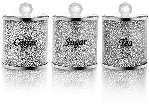 Cedilis 3 Pack Decorative Coffee Tea Sugar Canisters With Crushed Crystal Diamonds, Glass Food Storage Containers, Bling Kitchen Jar for Countertop Decor, Silver