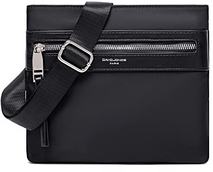 David Jones - Herren Umhängetasche – Kleine Schultertasche Nylon PU Leder - Messenger Tasche Flache Crossbody Bag - Arbeit Business Klassisch Sport Elegante Handytasche - Nylon Schwarz