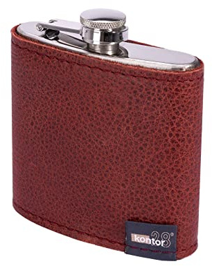 kontor28 - Design Flachmann mit rustikaler Hülle aus Natur Leder, auslaufsicher aus hochwertigem Edelstahl, handgefertigt Made in Germany, für Spirituosen, Outdoor, Wandern, Ski, merlot rot