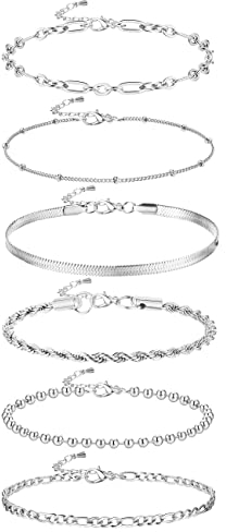 Milacolato 6Pcs Armband Damen Gold Kettenarmbänder Set Für Damen Verstellbare Mode VerGoldet Zierliche Edelstahl Twist Fischgrätenkette Kette Zirkonia Silber Schmuck Armbänder Damen Silber