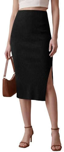 EXCHIC Femme Texturé Tricoté Genou Longueur Crayon Jupe Élastique Tube Jupe Taille Haute De Base Midi Jupe Fente Latérale