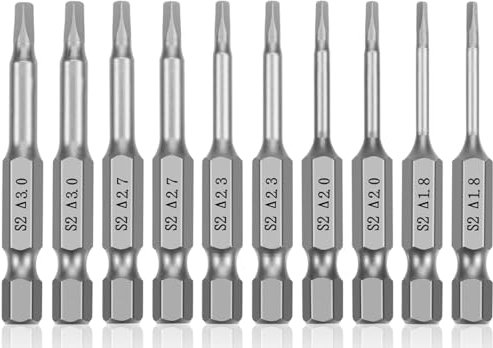 Triangle Drill Bit Set (10pcs- 2 Long S2 Steel Magnetic Heads) 1/4 Inch Hex Shank Triangle Screwdriver Bits Sizes 1.8mm, 2mm, 2.3mm, 2.7mm, 3mm (2 of Each Size)