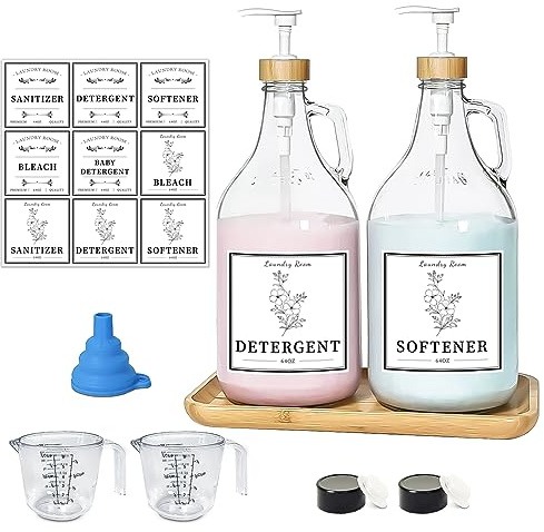 LIKAJON 2 Pcs Glass Laundry Detergent Dispenser Bottle, 64 oz