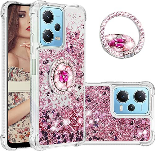 CCSmall Glitzer Clear Sparkly Bling Hülle für Xiaomi Redmi Note 12 4G, Fließende Flüssigkeit Treibsand Cover mit Diamant Ring Halter Hülle für Xiaomi Redmi Note 12 4G LSZ Rose Gold