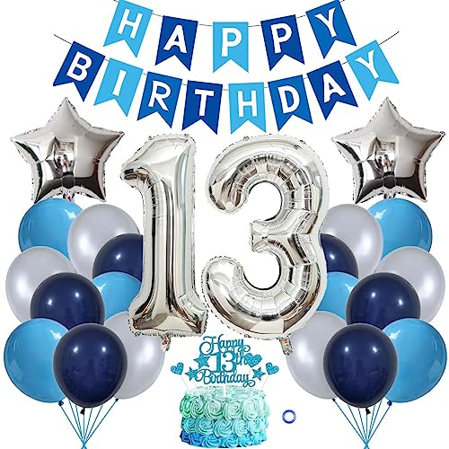 Jxuzh 13 Geburtstag Deko Junge Mädchen Ballon Deko 13. Geburtstag Junge Marinebla Silber Geburtstagsdeko 13. Geburtstag Deko Luftballons 13.geburtstag Happy Birthday Banner Für Birthday Party Deko
