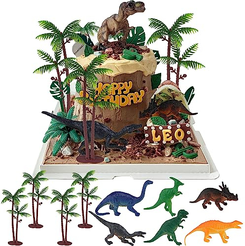 Graplan Kuchendeko Dinosaurier Set 10 Stück Dino Tortendeko, Dinosaurier Deko Torte, Deko Palme Kuchenaufsatz, Dino Geburtstag Deko, Cake Topper Dinosaurier für Junge Geburtstag Party