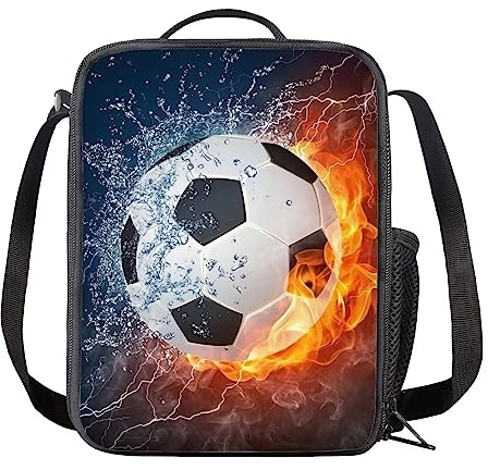 NETILGEN Bolsas de comida térmica para picnic, bolsa de almuerzo, lonchera portátil aislada para niñas, niños, regalos de regreso a la escuela, fútbol de fuego