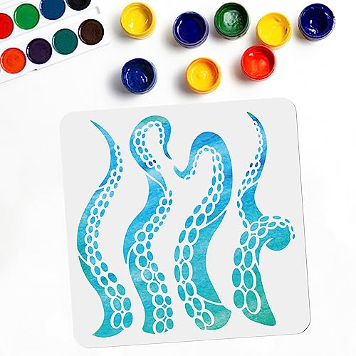 MAYJOYDIY Oktopus Schablone Oktopus Tentakeln Wandschablonen Zum Bemalen Meerestiere Thema 30 × 30 cm Wiederverwendbare PET Vorlage Auf Holz Wand Leinwand DIY Bastelschablonen