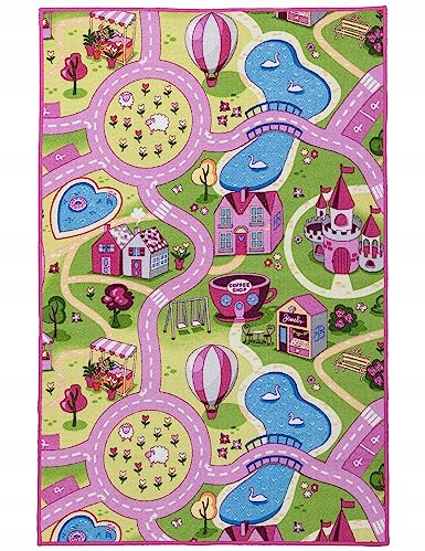 e-floor Teppich für Kinderzimmer | 80 x 100 cm | Kinderteppich | für Jungen und Mädchen | Schlafzimmer | Kurzflor Carpet | Autos Straße | Kreativ Sicher | Rosa
