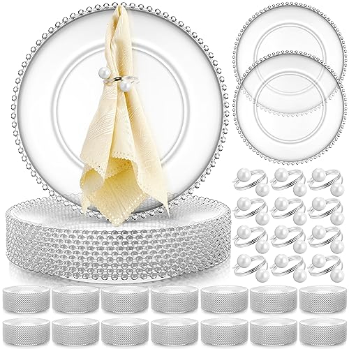 Tioncy Set of 50 Plastic Clear Beads Placemats 33cm Napkin Rings Round Acrylic Decorative Plates for Wedding Party Event (Clear & Silver)
