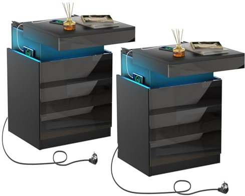 HaodaCulture Mesitas de Noche led Negras Pack 2, Juego de 2, Mesita de Noche Inteligente con 3 Cajones, Tapa Push-Pull, Mesa de Noche Dormitorio, Mesas Auxiliares de Madera Estilo Moderno 45x40x67cm