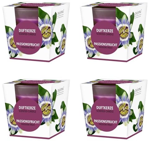 pajoma® Duftkerze 4er Set, Passionsfrucht - im satinierten Glas | 4x 120g Wachsgewicht, Brenndauer: 25 Stunden, in edler Geschenkverpackung | Premium Qualität