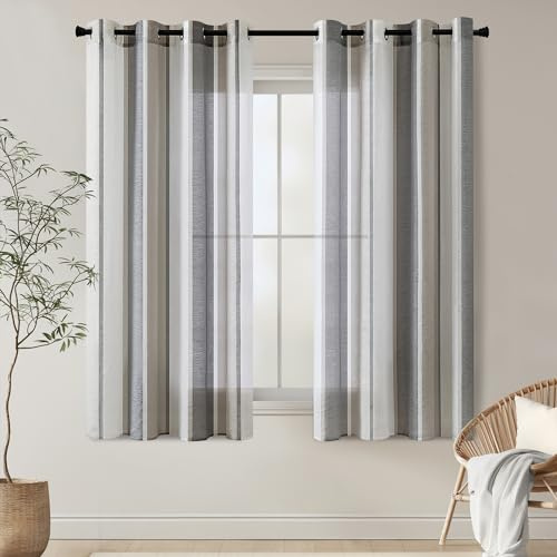 EMEMA Kurz Vorhänge mit Ösen Dunkelgraurau-Weiss Streifen Voile Gardinen Moderner Wohnzimmer 2er Set Stores Schals mit Ösenschal Halbtransparent Dekorieren Schlafzimmer Vorhang 140x160cm