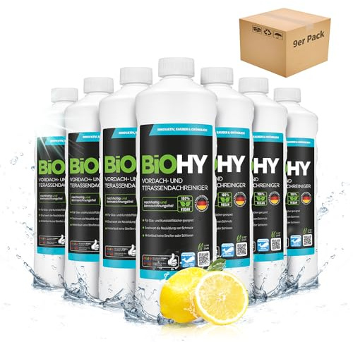 BiOHY Vordach- und Terrassenreiniger (9 x 1 Liter) | Bio Konzentrat für Glasdächer, Kunststoffdächer, Wintergärten | Nachhaltige Reinigung & Pflege | Hohe Wirksamkeit und strahlender Glanz
