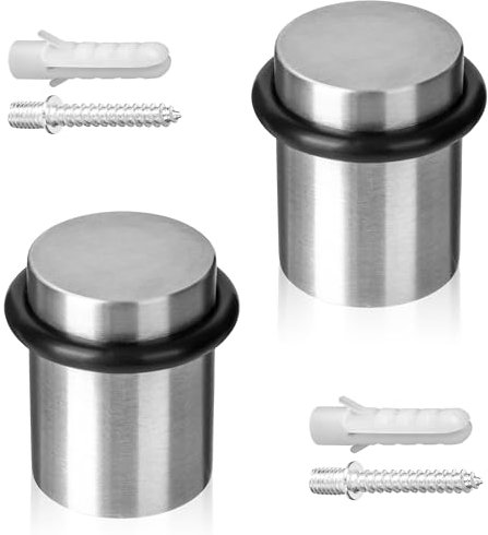 ECENCE Door Stoppers for Floor 2 Pieces, Door Stop Ø1.18x1.57inch (Ø30x40mm) Wall Protector, Solid Stainless Steel Floor Mount with Screws and Dowels Brushed