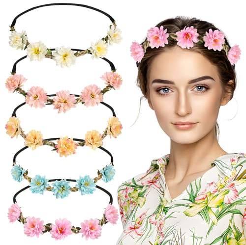 BOOMTOP 5pcs Blumen Haarband Blumenkranz Haare Trachten Haarreifen Dirndl Blumen Gäsenblümchen Haarschmuck Stirnbänder Blumenkrone mit Elastischem Gummiband für Hochzeit Karneval Festival Mottoparty