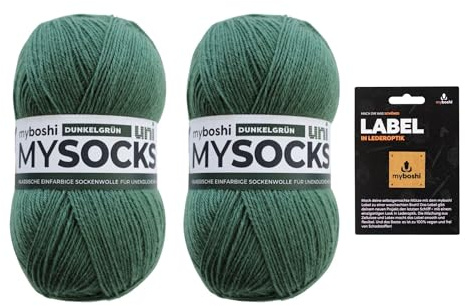 myboshi mysocks uni einfarbige Sockenwolle, 4-fädig, weich und geschmeidig, mit Aloe Vera behandelt, inkl. Label, 100g, Ll 420m, Grün (Dunkelgrün) 2 Knäuel
