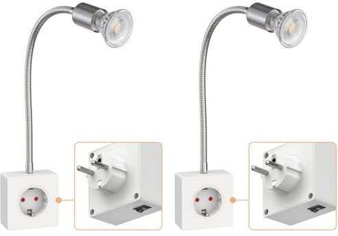 ledscom.de 2 Stück Steckdosenlampe LESCH Leselampe, chrom/weiß inkl. GU10 LED Lampe 5,4W, 510lm, 45°, warmweiß