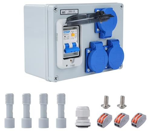 Buyweek Baustromverteiler 16A 250V Wandverteiler 2-Polig Stromverteiler IP54 Wasserdicht FI Schalter Stromverteiler mit 50A 1P+N Auslaufschutz und 3 Schuko-Steckdosen, Starkstrom Verteiler