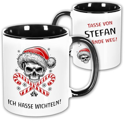 Unikatolo Anti Weihnachtstasse Ich hasse Wichteln, Glühweintasse mit Name personalisiert, Totenkopf mit Zuckerstange, Weihnachtshasser, Grinch, Weihnachtsmuffel Anti Weihnachten lustig Tasse schwarz