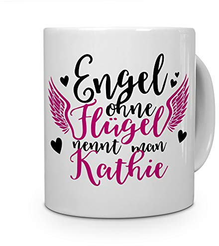 printplanet Tasse mit Namen Kathie - Motiv Engel - Namenstasse, Kaffeebecher, Mug, Becher, Kaffeetasse - Farbe Schwarz