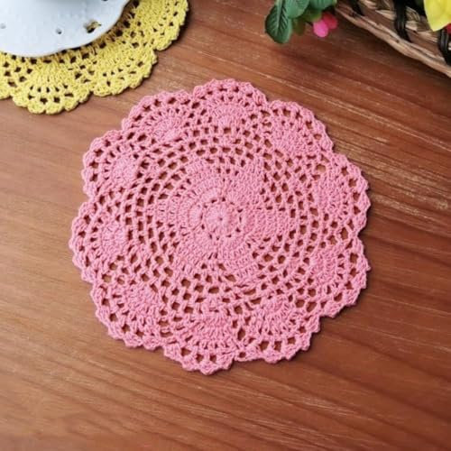 Anevous 2 Stück Gestickte Tischsets, 20 cm Vintage Häkel Spitze Deckchen, Rund Baumwolle Handgemacht Tischmatte, Tischläufer Untersetzer für Küche Esszimmer Dekoration,Dunkelrosa