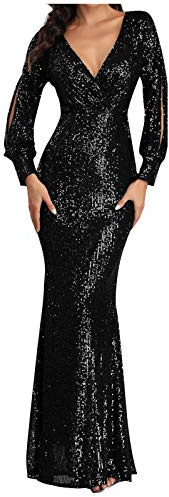 FUPODD Damen Abendkleider Lang Pailletten Kleid Damen Langarm Curvy Bodenlang Cocktailkleid Damen Elegant Festliches Glitzerkleid Frauen V Ausschnitt Partykleid Lange Ballkleid Eng Paillettenkleid