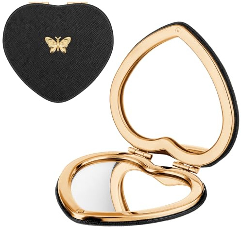 Qianyu Espejo plegable compacto con forma de corazón de doble cara 1X/2X, bonito espejo de maquillaje con purpurina con piel sintética, espejo cosmético ultra portátil para mujeres, oficina en casa y