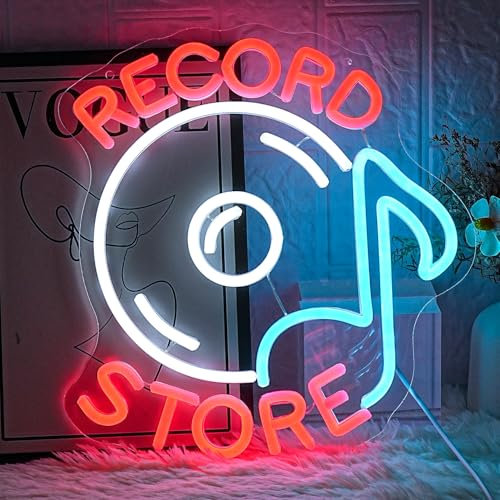 LMSIGNLY Record Store Neon Sign Music Neon Light for Wall Decor Letter Neon Light Record Player Sign for Music Studio Decor Live Music Neon Light Sign for Bar Music Decor(Red white)