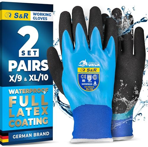 S&R Arbeitshandschuhe mit Latexbeschichtung | Wasserdicht | Abriebfeste Schutzhandschuhe für Handwerk, Gartenarbeit & Mechaniker, Größe 9 & 10, Reißfestes Polyestergewebe mit Grip für Nässe