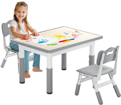 Kidsgigglz Table pour enfant avec 2 chaises, groupe de sièges pour enfants réglable en hauteur en PEHD & ABS, table de jeu multifonctionnelle pour enfants de 2 à 10 ans, ensemble table et chaise