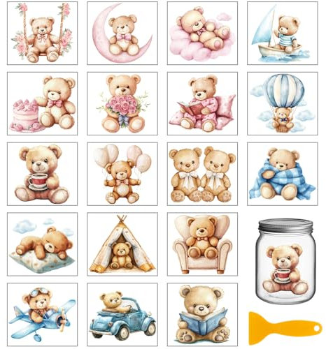 GLOBLELAND 18 Sheets Cute Bear Colorful Transfer Stickers 3.9x3.6inch Teddy Bear Transfer Decal Rub on Transfer for Furniture Vase Glass Art Crafts Decorations