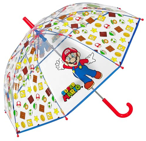 PERLETTI Super Mario Regenschirm Transparent Kinder - Mario Luigi Yoshi Stockschirm für Jungen 3 4 5 Jahre - Schirm Robust Windfest - Manueller Kinderschirm mit Details Rot Blau - Durchmesser 69 cm