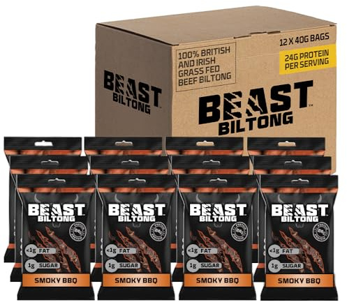 Beast Pharm Biltong High Protein Low Calorie Snacks 12 Pack - Smoky BBQ | High 24g Protein per Giant 40g Bag, 100% British / Irish Beef Biltong, Keto Snacks, Gluten Free, Low Calorie Protein Snacks