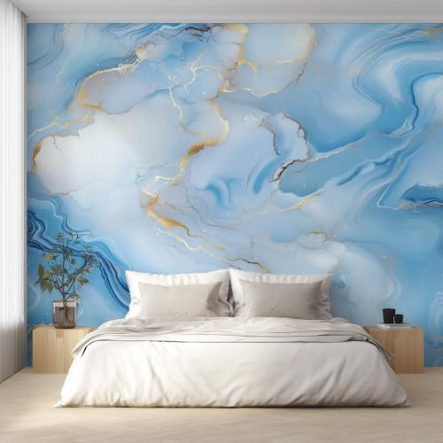 Blue Marble Wallpaper for Living Room, Modern Gold Texture Wall Mural for Bedroom 350x256 cm, Non-Woven Photo Wallpaper, Home Decor D&O32