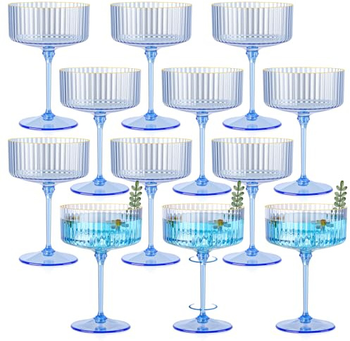 HKSZEH - Set of 12 plastic champagne glasses, ocean blue, ribbed, 10 ounces, detachable, with golden rim, espresso, martini, glass, classic, margarita, glass, set of cups