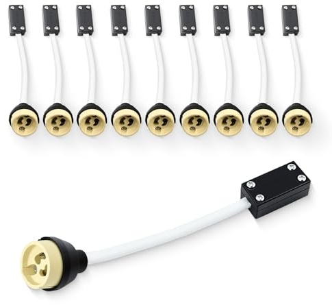 10er Pack GU10 Fassung mit Anschlussklemme und Installationsrohr – Keramikbasis, 15cm Silikonkabel, Weißes Isolierrohr, 250V, für LED- und Halogenlampen, Spotlights, Downlights