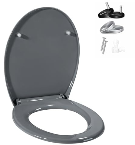 Abattant WC avec Frein de Chute, Cuvette Toilette Forme O, Cuvette WC Antibactérienne, Abattant WC Clipsable, Lunette de Toilette Gris Universelle, Charnières Réglables