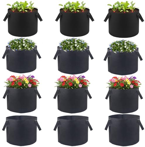 UYVYU 12 Pack 10 Gallon Vegetable Grow Bags,Gardening Plant Growing Bags Thickened Breathable Non-woven Fabric Plant Pots with Handles Indoor Outdoor Grow Containers for Flower/Strawberry/Tomatoes