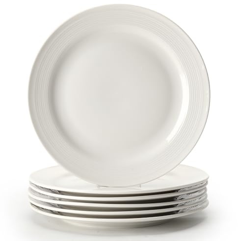 ZPPLD 6 Pack Ceramic Dinner Plates 20cm, White Embossed Dessert Plates, Vintage Style Side Plates, Dishwasher & Microwave Safe, Round Serving Plates for Pasta Salad Breakfast