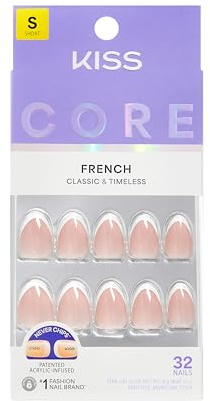 KISS Core Lot de 32 ongles à presser avec colle à ongles « Passionate », blanc, longueur courte, forme amande, comprend 32 ongles, colle de 2 g, 1 bâton de manucure, 1 mini lime