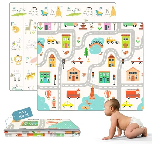 HuBorns - Spielmatte Baby Faltbar 180x150 cm und Wendbar, Krabbelmatte Baby Schadstofffrei mit CE Zertifikat, Play Mat XXL Gepolstert, Spielmatte Rutschfest und Wasserdicht (Stadt L)