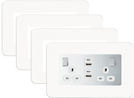 4PCS Double Socket Surround White, Light Switch Surrounds(14.6cm x 8.6cm) | Matte Acrylic Cover Plates, Self-Adhesive Decorative Frame for Wall, Easy No Drill Installation