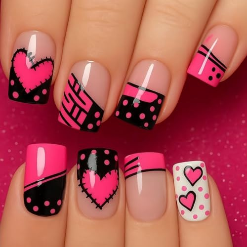 Press On Nails Short Square Black Hot Pink False Nails Valentines Heart Fake Nails for Party
